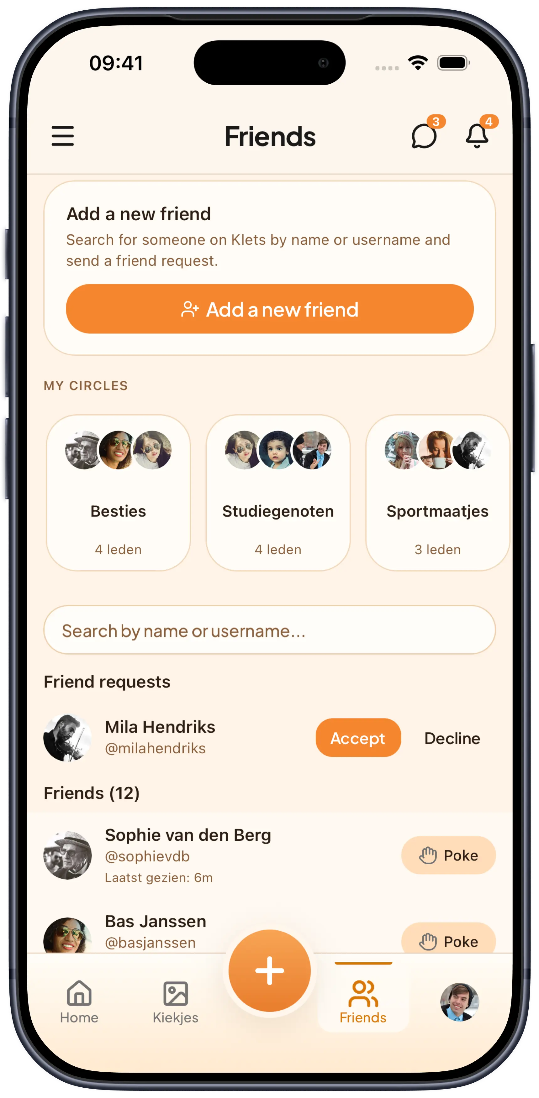 Preview van het vrienden-scherm in Klets