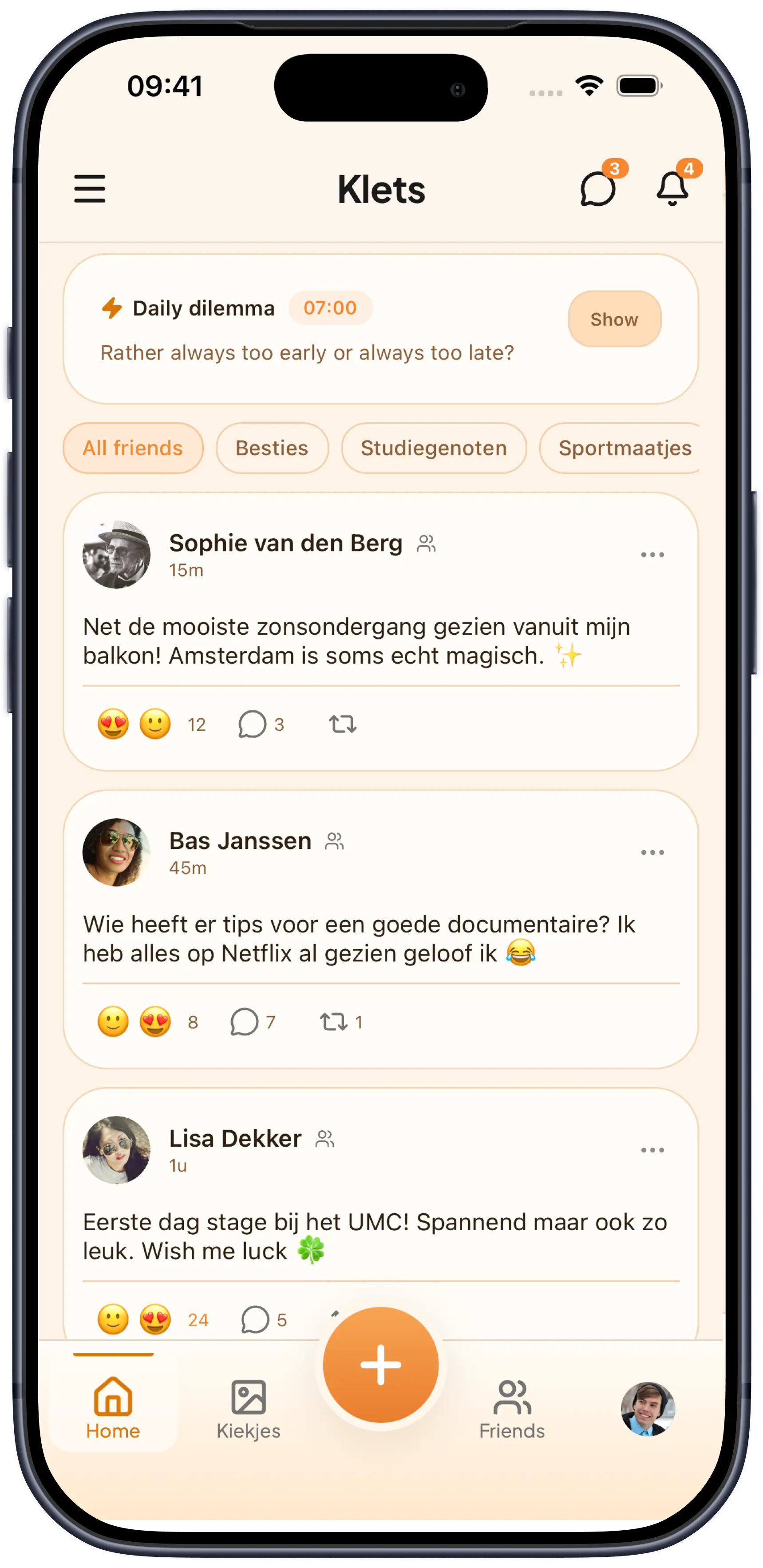 Feed-scherm van de Klets app