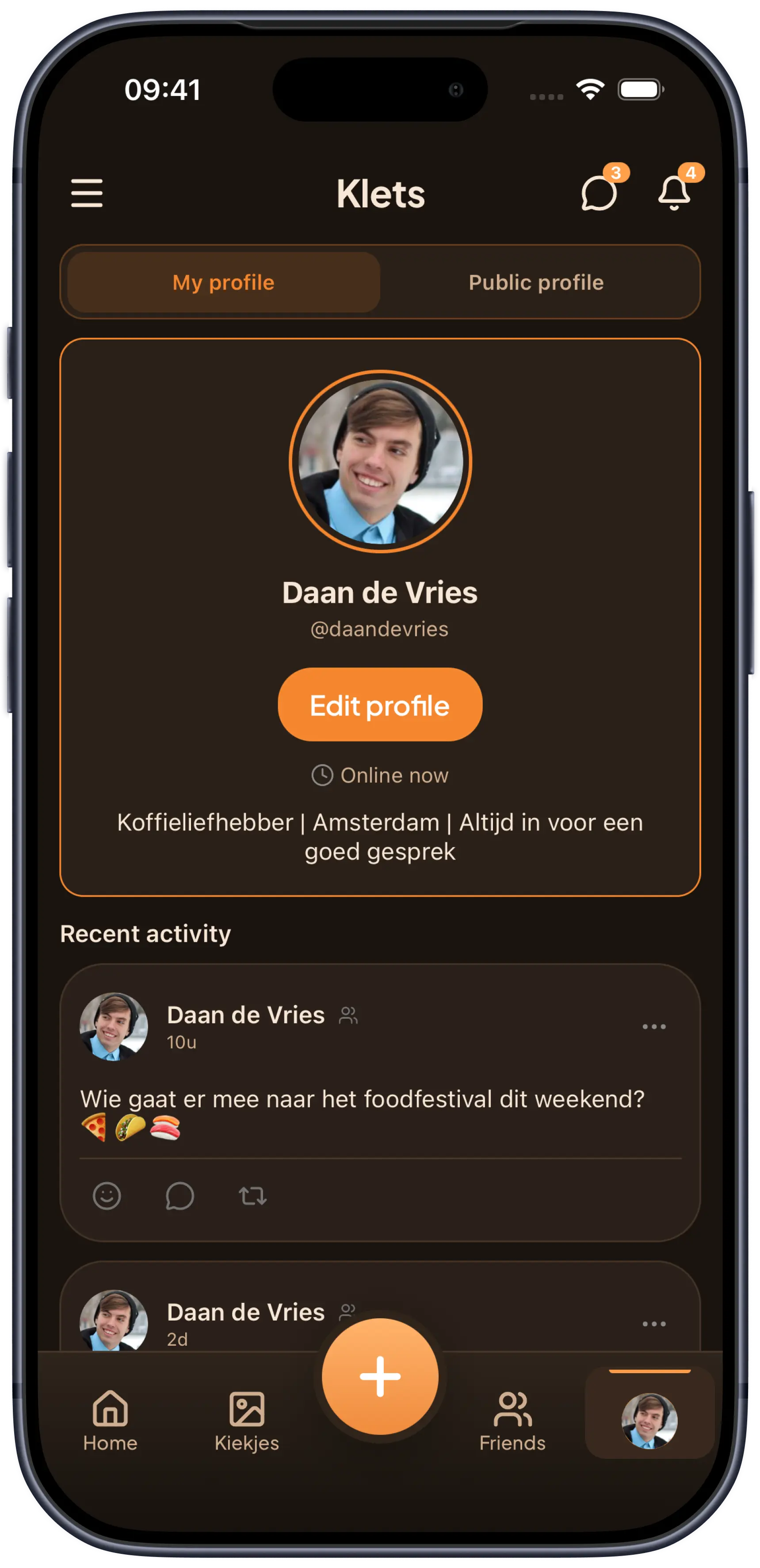 Profiel-scherm van de Klets app